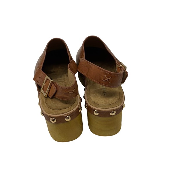 Kelsi Dagger Warehouse Peanut Tan Brown Leather Slingback Wooden Clogs Size 9 - Picture 3 of 6